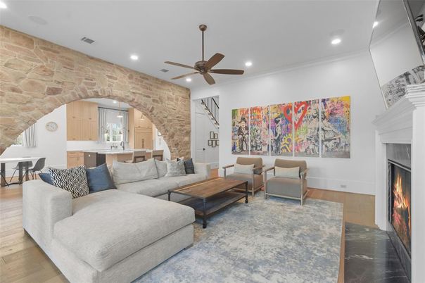 Fireplace, Interior, Kitchen, Living room, Recessed Lighting, Stone Walls, Wood Texture Flooring