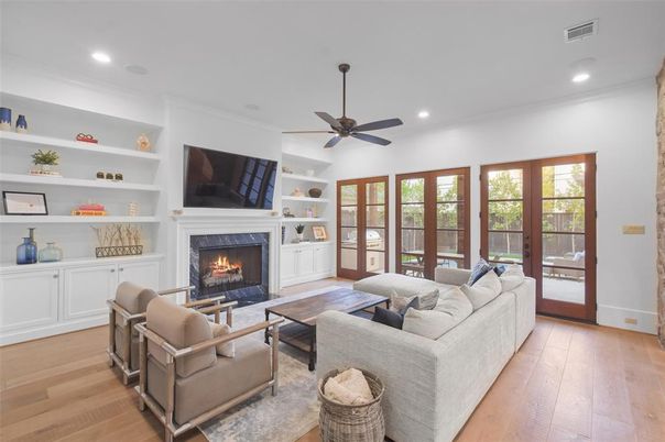 Fireplace, Interior, Living room, Recessed Lighting, Wood Texture Flooring
