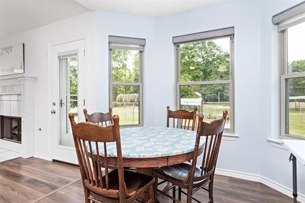 Dining room, Fireplace, Interior, Wood Texture Flooring