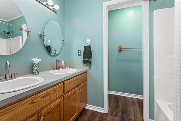 Bathroom, Dual Sink Vanities, Interior, Wood Texture Flooring