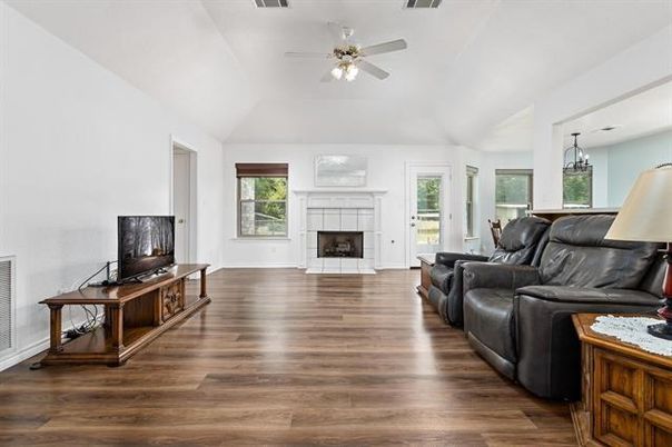 Fireplace, Interior, Living room, Pendant Lights, Wood Texture Flooring