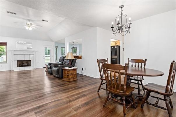 Chandelier, Dining room, Fireplace, Interior, Living room, Wood Texture Flooring