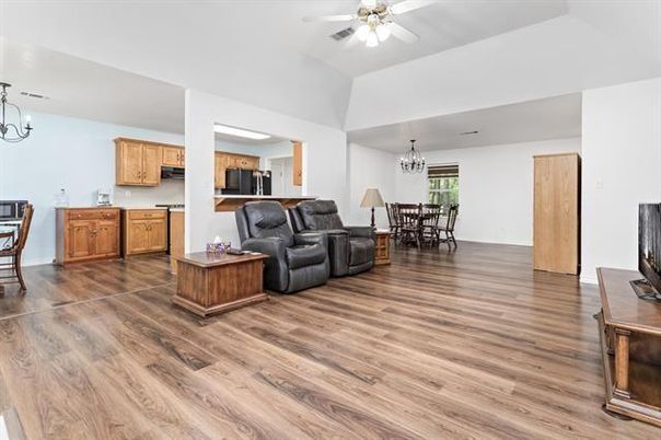 Chandelier, Dining room, Interior, Kitchen, Living room, Wood Texture Flooring