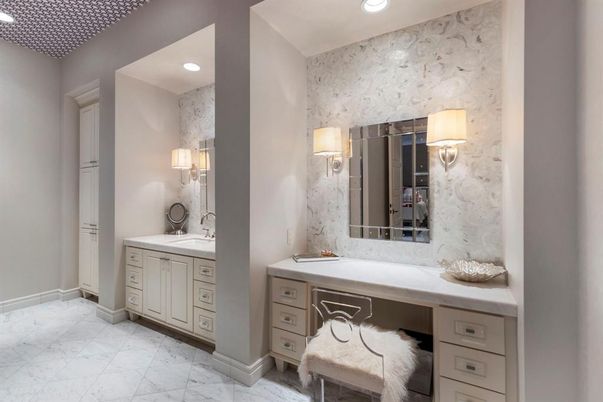 Bathroom, Dual Sink Vanities, Interior, Marble, Recessed Lighting