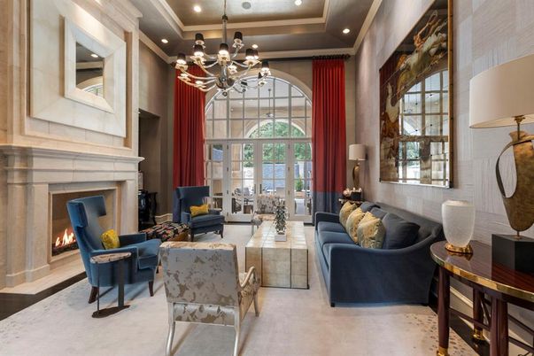 Chandelier, Fireplace, Interior, Living room, Recessed Lighting