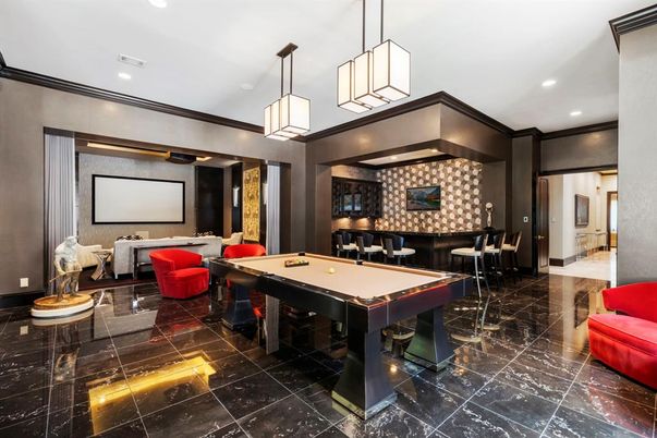 Billiard Table, Game Room, Interior, Pendant Lights, Projection Screen, Recessed Lighting