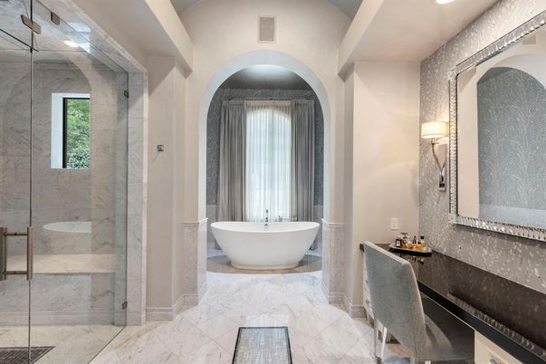 Bathroom, Free Standing Baths, Glass Shower, Interior, Marble, Marble Walls, Recessed Lighting
