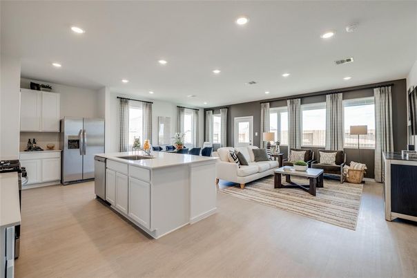 Interior, Kitchen, Living room, Recessed Lighting, Stainless Steel Appliances, Wood Texture Flooring
