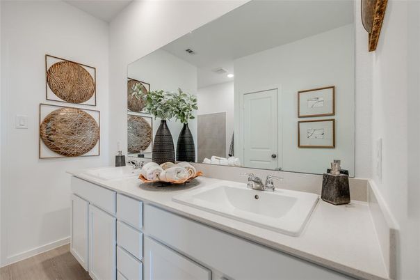 Bathroom, Dual Sink Vanities, Interior, Recessed Lighting, Wood Texture Flooring