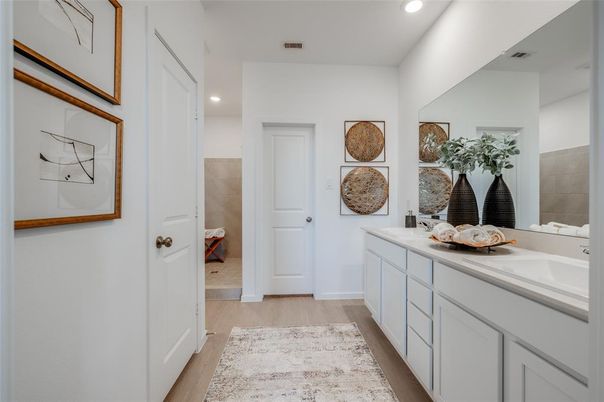 Bathroom, Dual Sink Vanities, Interior, Recessed Lighting, Wood Texture Flooring