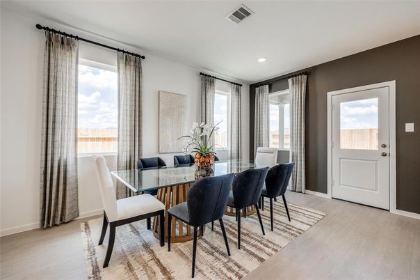 Dining room, Interior, Recessed Lighting, Wood Texture Flooring