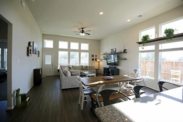Dining room, Interior, Living room, Recessed Lighting, Wood Texture Flooring