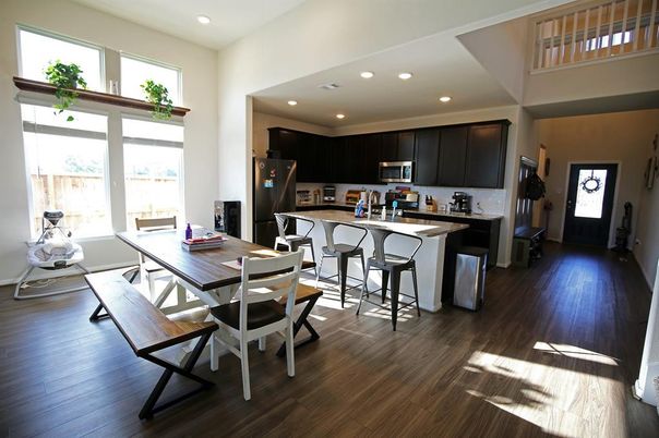 Dining room, Interior, Kitchen, Recessed Lighting, Wood Texture Flooring