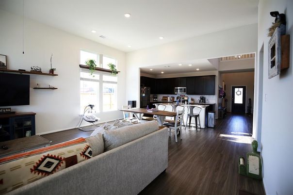 Dining room, Interior, Kitchen, Living room, Recessed Lighting, Wood Texture Flooring