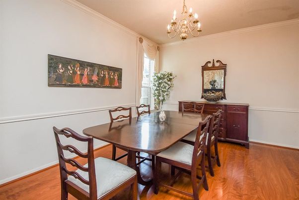Chandelier, Dining room, Interior, Wood Texture Flooring