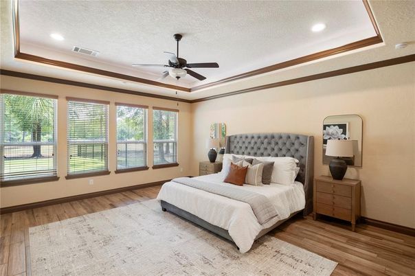 Bedroom, Interior, Recessed Lighting, Wood Texture Flooring