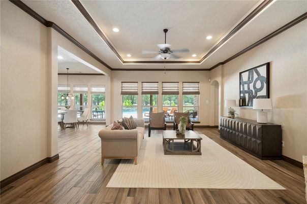 Dining room, Interior, Living room, Pendant Lights, Recessed Lighting, Wood Texture Flooring