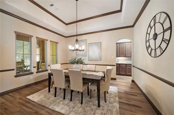 Chandelier, Dining room, Interior, Pendant Lights, Wood Texture Flooring