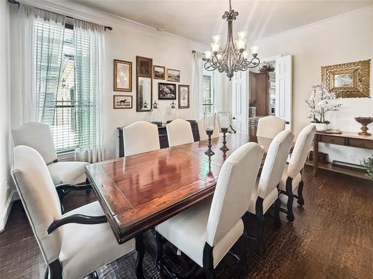 Chandelier, Dining room, Interior, Wood Texture Flooring