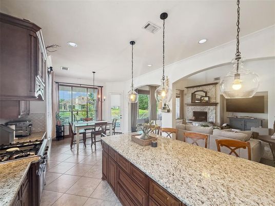 Dining room, Fireplace, Interior, Kitchen, Living room, Pendant Lights, Recessed Lighting