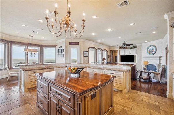 Chandelier, Interior, Kitchen, Living room, Recessed Lighting, Wood Texture Flooring