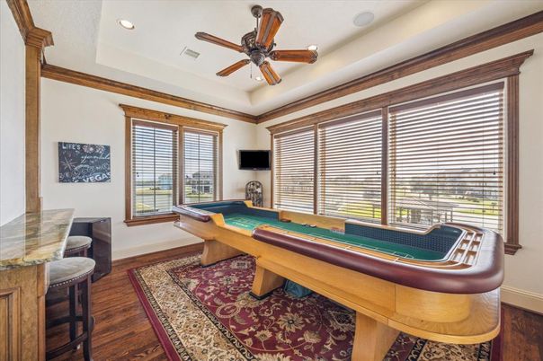 Billiard Table, Game Room, Interior, Recessed Lighting, Wood Texture Flooring