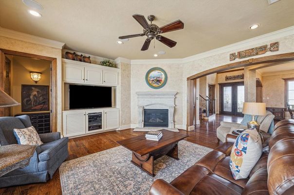 Fireplace, Interior, Living room, Recessed Lighting, Wood Texture Flooring
