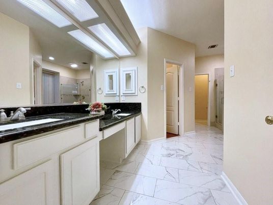 Bathroom, Dual Sink Vanities, Interior, Marble, Recessed Lighting