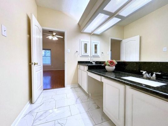 Bathroom, Dual Sink Vanities, Interior, Marble, Wood Texture Flooring