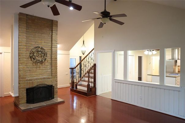 Fireplace, Interior, Pendant Lights, Stone Walls, Wood Texture Flooring