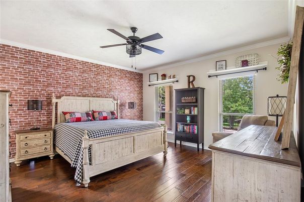 Bedroom, Interior, Stone Walls, Wood Texture Flooring