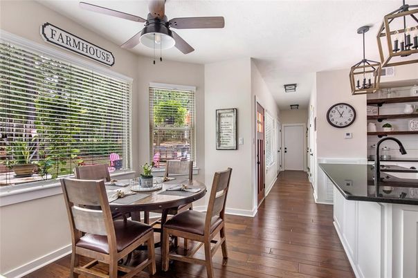 Dining room, Interior, Pendant Lights, Wood Texture Flooring