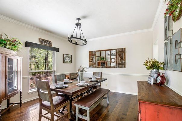 Dining room, Interior, Pendant Lights, Wood Texture Flooring