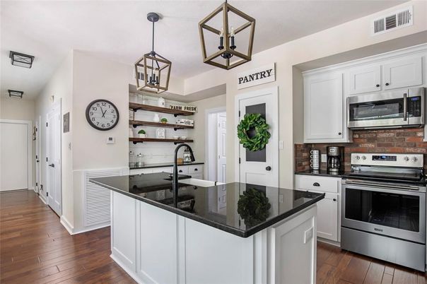 Interior, Kitchen, Pendant Lights, Stainless Steel Appliances, Wood Texture Flooring