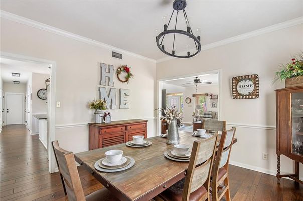 Dining room, Interior, Pendant Lights, Wood Texture Flooring
