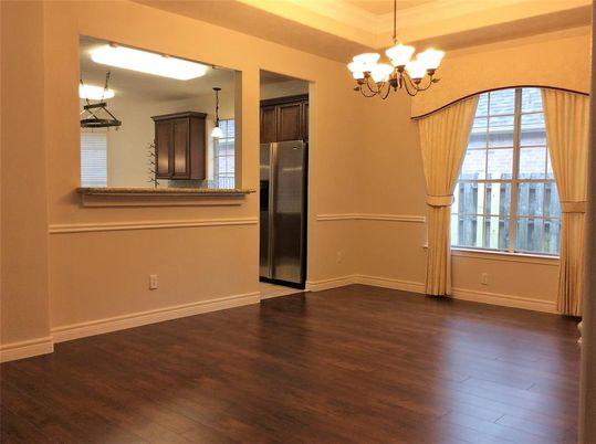 Chandelier, Empty room, Interior, Kitchen, Pendant Lights, Wood Texture Flooring