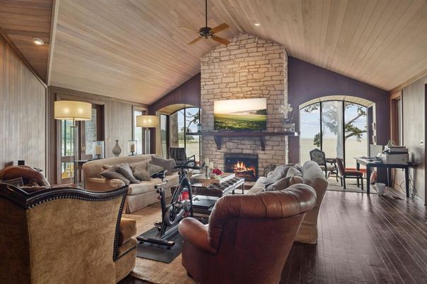 Fireplace, Interior, Living room, Recessed Lighting, Stone Walls, Wooden Beams, Wooden Ceilings, Wood Texture Flooring