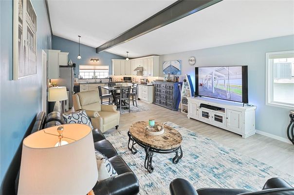 Dining room, Interior, Kitchen, Living room, Pendant Lights, Stainless Steel Appliances, Wood Texture Flooring