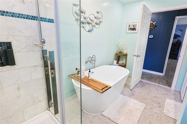 Bathroom, Free Standing Baths, Glass Shower, Interior, Marble Walls