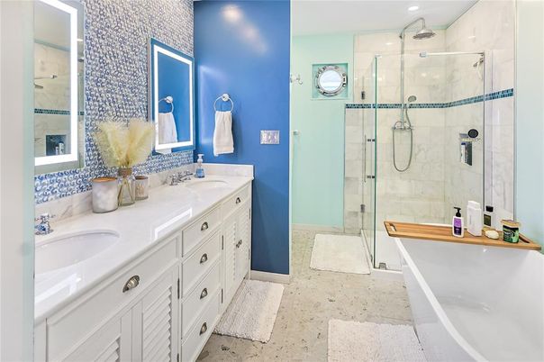 Bathroom, Dual Sink Vanities, Glass Shower, Interior, Recessed Lighting