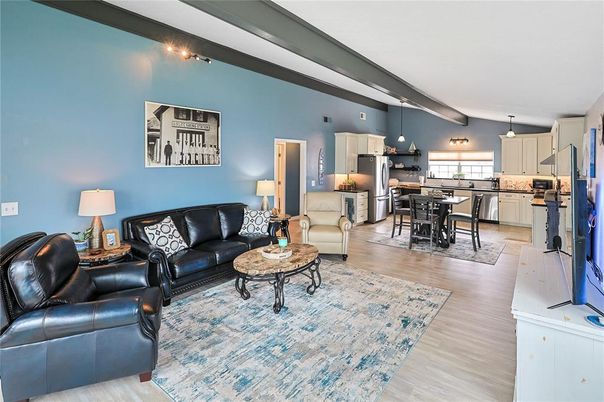 Dining room, Interior, Kitchen, Living room, Pendant Lights, Wood Texture Flooring