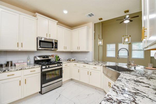 Interior, Kitchen, Marble, Pendant Lights, Recessed Lighting, Stainless Steel Appliances