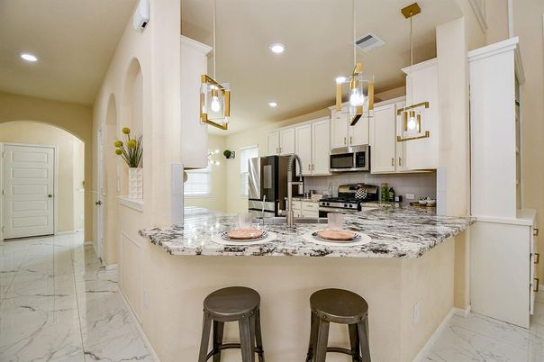 Interior, Kitchen, Marble, Pendant Lights, Recessed Lighting, Stainless Steel Appliances