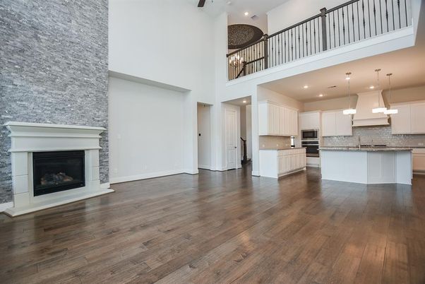 Fireplace, Interior, Kitchen, Pendant Lights, Recessed Lighting, Wood Texture Flooring