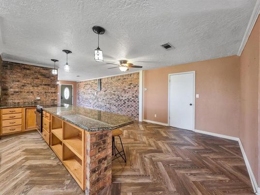 Interior, Pendant Lights, Stone Walls, Wood Texture Flooring