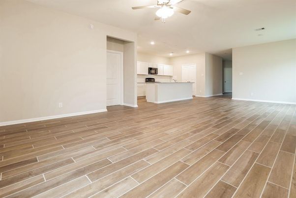 Empty room, Interior, Kitchen, Recessed Lighting, Wood Texture Flooring