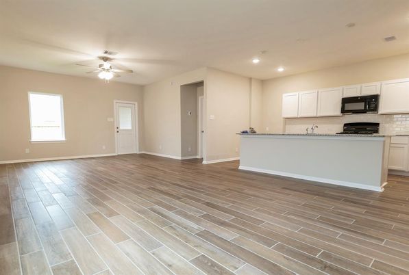 Empty room, Interior, Kitchen, Recessed Lighting, Wood Texture Flooring
