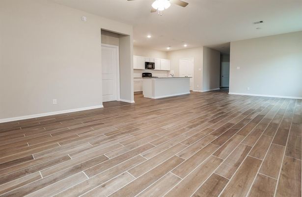 Empty room, Interior, Kitchen, Recessed Lighting, Wood Texture Flooring