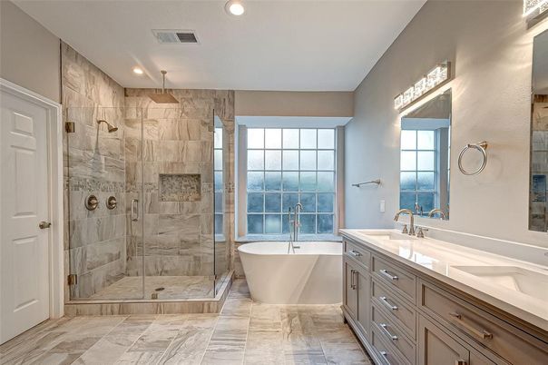 Bathroom, Dual Sink Vanities, Free Standing Baths, Glass Shower, Interior, Marble, Recessed Lighting