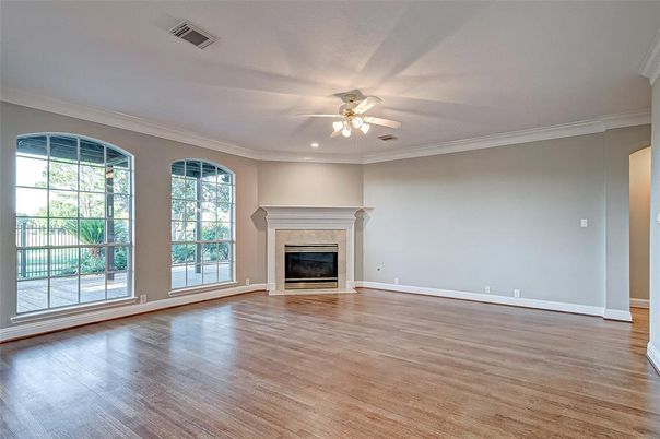 Empty room, Fireplace, Interior, Recessed Lighting, Wood Texture Flooring